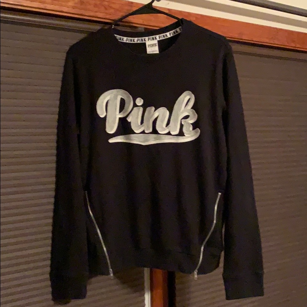 Pink sweatshirt- black with grey/white writing